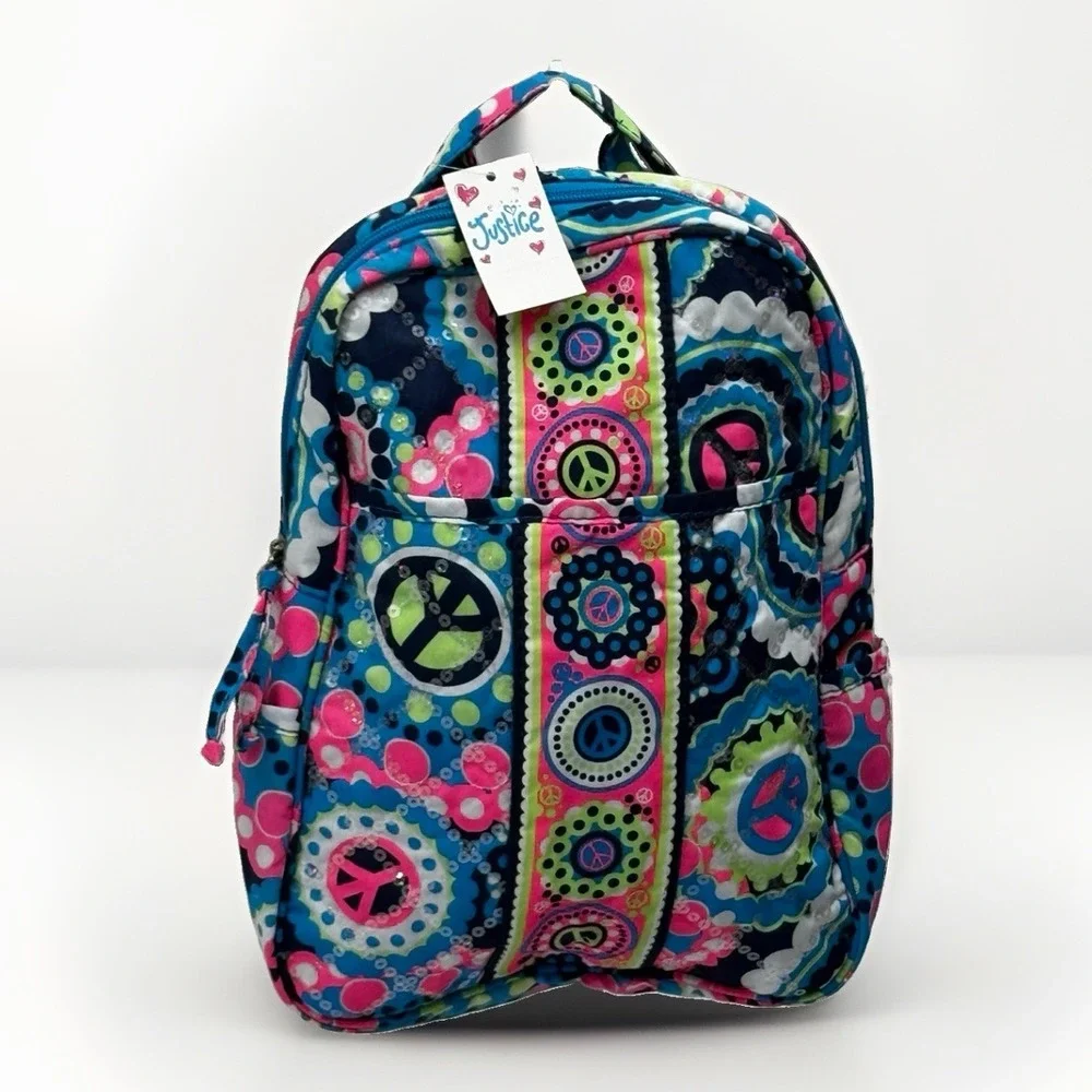 Justice Quilted Adjustable Strap Backpack Sequins Retro Peace Sign NWT 2012